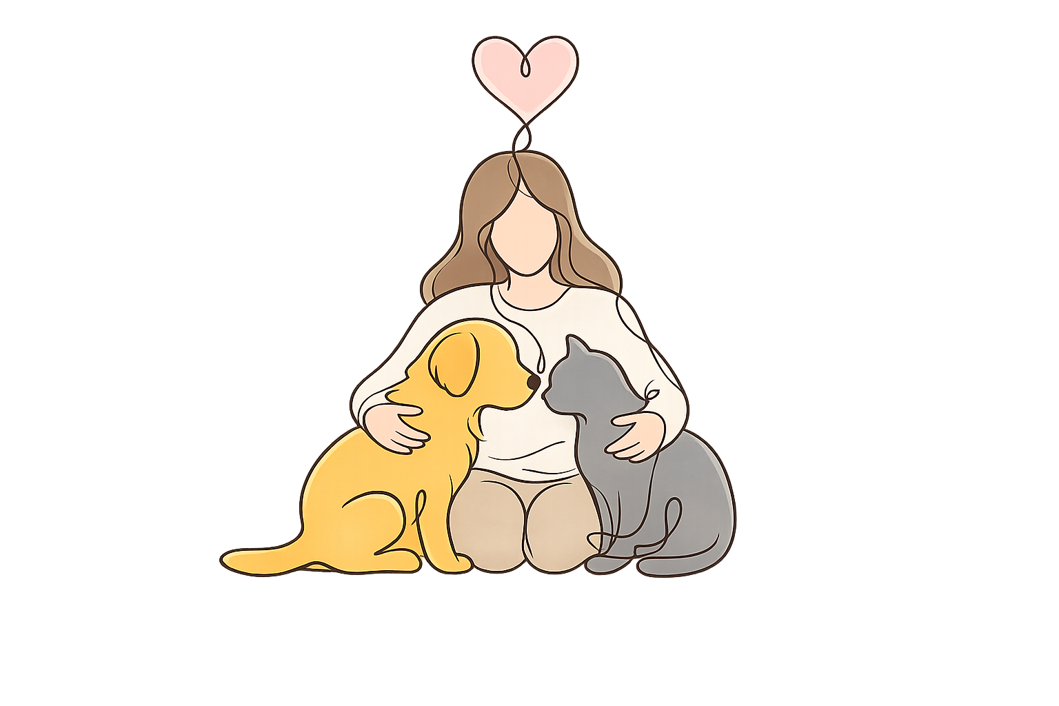 A woman embracing a dog and a cat with a heart above